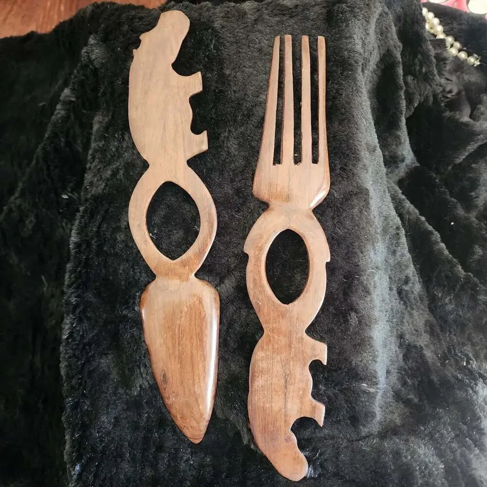 Vintage Hand-Carved Wooden African Safari Hippo Serving Salad Utensil Set
